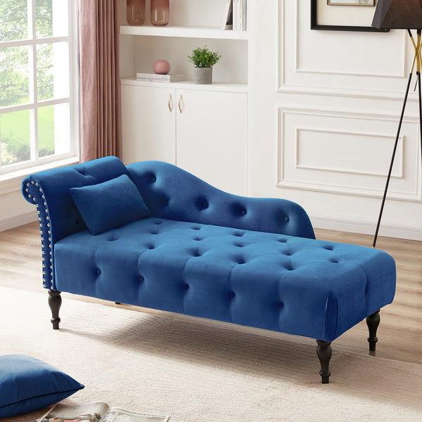English Elm Aijia Velvet Chaise Lounge with Tufted Buttons, Nailhead Trim & Solid Wood Legs for Comfort Blue W111740809