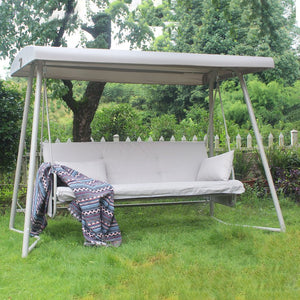 English Elm Outdoor 3 Seater Metal Swing Chair with Plush Cushion, Convertible Bed, Breathable Teslin Fabric Canopy Durable Suspension System Quiet Swing for Patio and Garden Comfort 3-Person Seating Champagne W400P149693