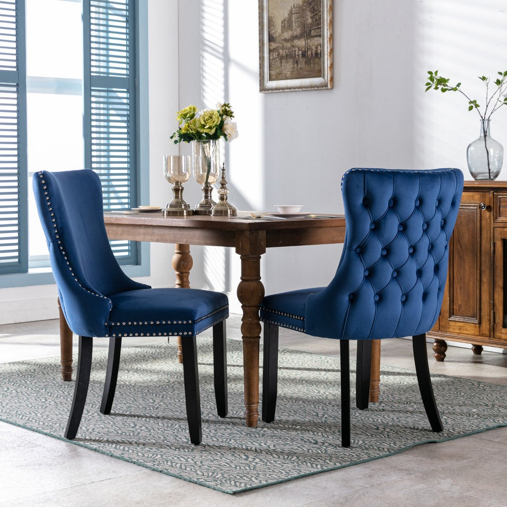 English Elm A&a Furniture Velvet Wingback Dining Chairs Nailhead Trim Solid Wood Legs Set 2 Blue W114351689