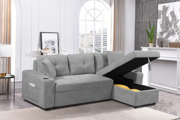 English Elm Mega Convertible Sectional Sleeper Sofa with Storage Armrest and Reversible Chaise Grey W975S00007