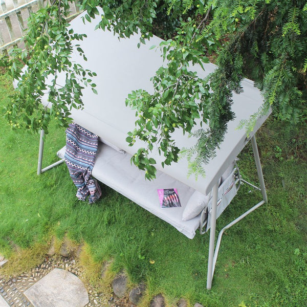 English Elm Outdoor 3 Seater Metal Swing Chair with Plush Cushion, Convertible Bed, Breathable Teslin Fabric Canopy Durable Suspension System Quiet Swing for Patio and Garden Comfort 3-Person Seating Champagne W400P149693