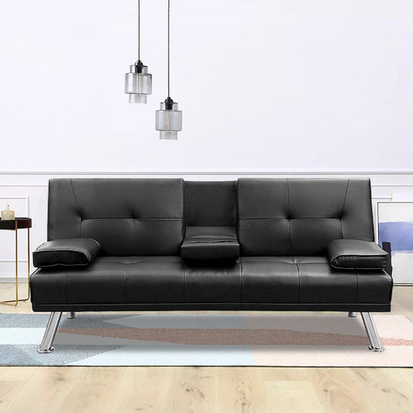 English Elm Mega Convertible Faux Leather Futon Sofa Bed with Cup Holders for Modern Living W97543712