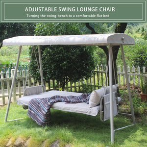 English Elm Outdoor 3 Seater Metal Swing Chair with Plush Cushion, Convertible Bed, Breathable Teslin Fabric Canopy Durable Suspension System Quiet Swing for Patio and Garden Comfort 3-Person Seating Champagne W400P149693