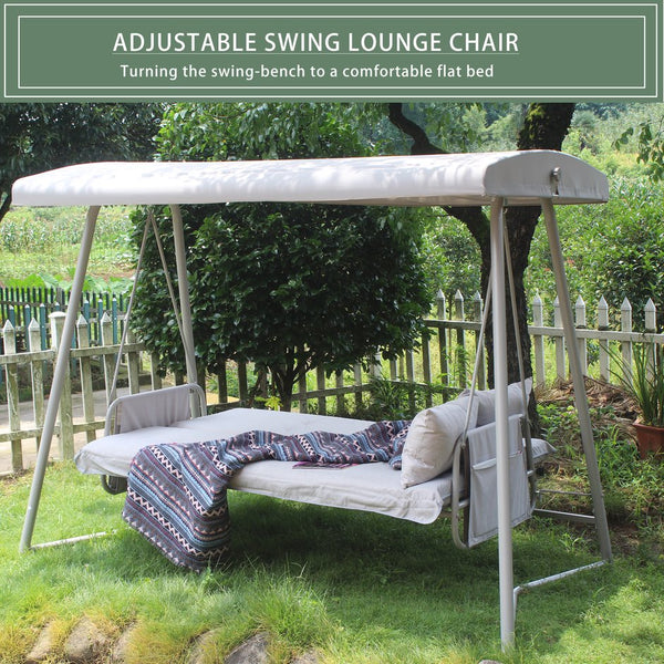English Elm Outdoor 3 Seater Metal Swing Chair with Plush Cushion, Convertible Bed, Breathable Teslin Fabric Canopy Durable Suspension System Quiet Swing for Patio and Garden Comfort 3-Person Seating Champagne W400P149693