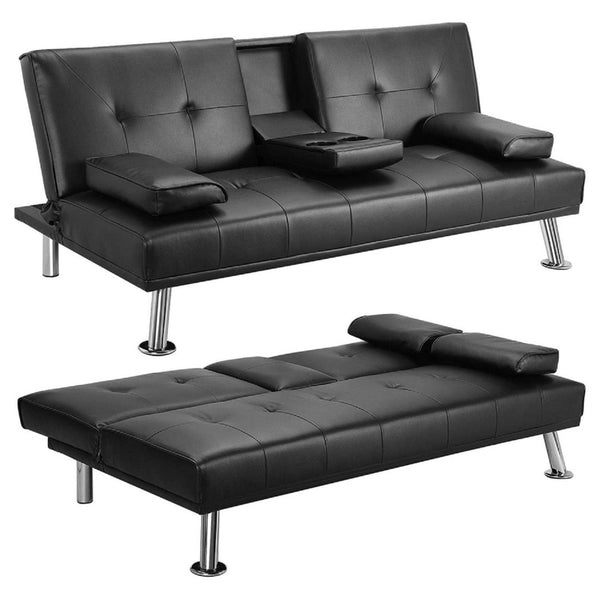 English Elm Mega Convertible Faux Leather Futon Sofa Bed with Cup Holders for Modern Living W97543712