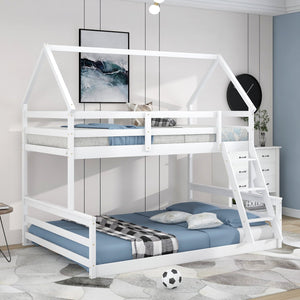 English Elm Twin Twin over Full Bunk Bed Space-Saving Pine Wood Frame with Guardrail, 3-Step Ladder & Slats White WF287558AAK