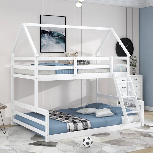 English Elm Twin Twin over Full Bunk Bed Space-Saving Pine Wood Frame with Guardrail, 3-Step Ladder & Slats White WF287558AAK