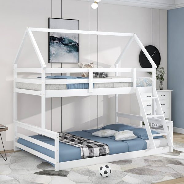 English Elm Twin Over Full House Bunk Bed Solid Pine Frame with Ladder for Kids Bedroom WF287558AAK-1