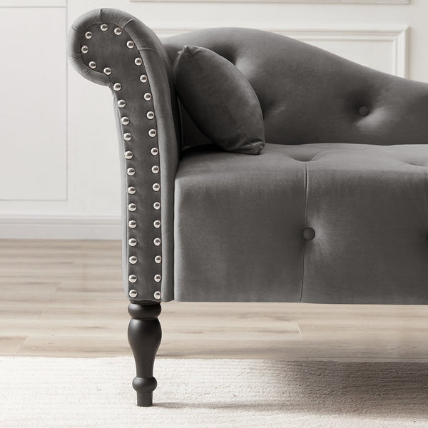 English Elm Aijia Velvet Chaise Lounge with Tufted Buttons, Nailhead Trim & Solid Wood Legs for Comfort Grey W111740810