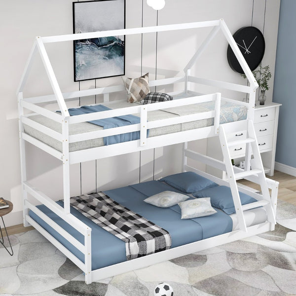 English Elm Twin Over Full House Bunk Bed Solid Pine Frame with Ladder for Kids Bedroom WF287558AAK-1