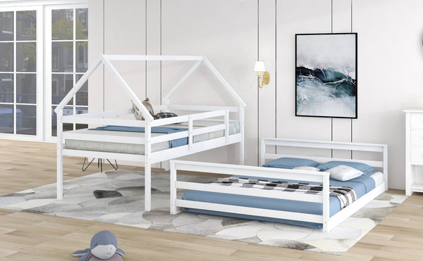 English Elm Twin Over Full House Bunk Bed Solid Pine Frame with Ladder for Kids Bedroom WF287558AAK-1