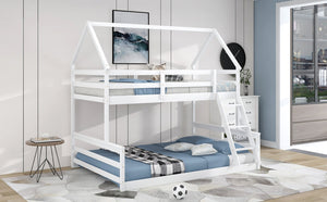 English Elm Twin Twin over Full Bunk Bed Space-Saving Pine Wood Frame with Guardrail, 3-Step Ladder & Slats White WF287558AAK