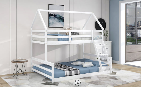 English Elm Twin Twin over Full Bunk Bed Space-Saving Pine Wood Frame with Guardrail, 3-Step Ladder & Slats White WF287558AAK