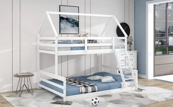 English Elm Twin Over Full House Bunk Bed Solid Pine Frame with Ladder for Kids Bedroom WF287558AAK-1