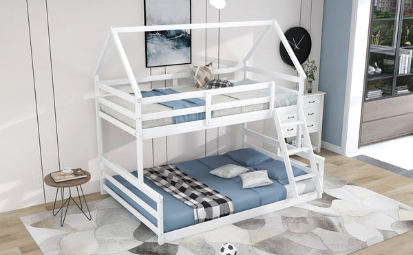 English Elm Twin Twin over Full Bunk Bed Space-Saving Pine Wood Frame with Guardrail, 3-Step Ladder & Slats White WF287558AAK