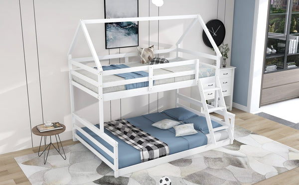 English Elm Twin Over Full House Bunk Bed Solid Pine Frame with Ladder for Kids Bedroom WF287558AAK-1