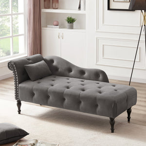 English Elm Aijia Velvet Chaise Lounge with Tufted Buttons, Nailhead Trim & Solid Wood Legs for Comfort Grey W111740810