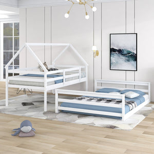 English Elm Twin Twin over Full Bunk Bed Space-Saving Pine Wood Frame with Guardrail, 3-Step Ladder & Slats White WF287558AAK