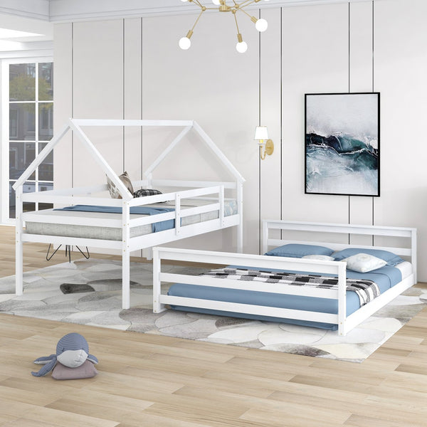 English Elm Twin Twin over Full Bunk Bed Space-Saving Pine Wood Frame with Guardrail, 3-Step Ladder & Slats White WF287558AAK