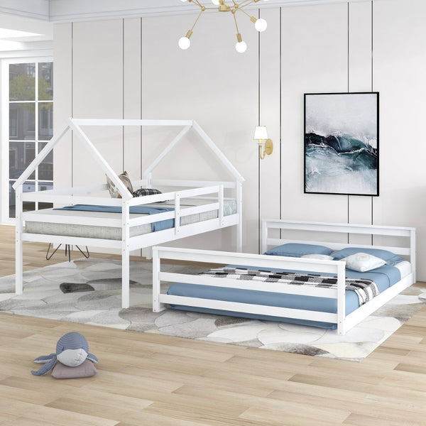 English Elm Twin Over Full House Bunk Bed Solid Pine Frame with Ladder for Kids Bedroom WF287558AAK-1