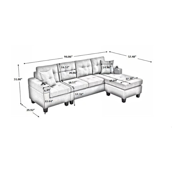 English Elm Mega Sectional Sofa with Chaise Armrest Storage Cup Holders Tufted Living Room W975S00011