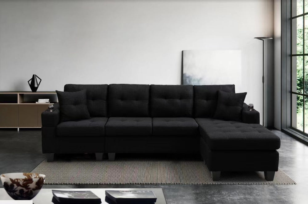 English Elm Mega Sectional Sofa with Chaise Armrest Storage Cup Holders Tufted Living Room W975S00011