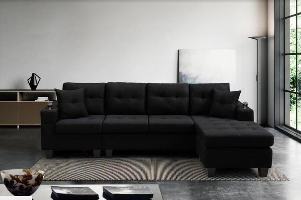 English Elm Mega Sectional Sofa with Chaise Armrest Storage Cup Holders Tufted Living Room W975S00011