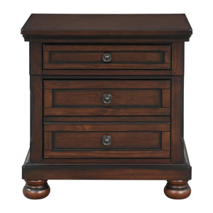 English Elm Classic Transitional Nightstand Brown Cherry Finish Birch Veneer Hidden Drawer Bun Feet Bedroom Furniture