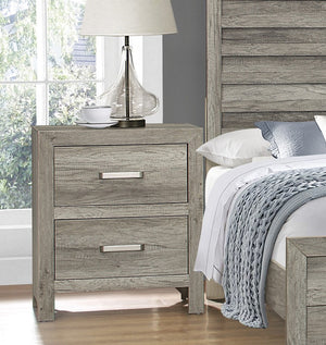 English Elm Transitional Rustic Nightstand with Faux Wood Plank Veneer, Satin Nickel Bar Hardware, Two Drawers Gray 27 L x 20 W x 30.75 H B01146212