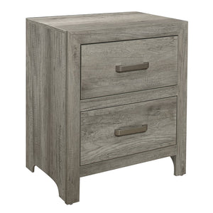 English Elm Transitional Aesthetic Bedroom Nightstand Faux Wood Veneer Weathered Gray Finish Nickel Hardware Bed Side Table