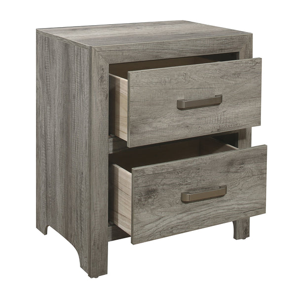 English Elm Transitional Rustic Nightstand with Faux Wood Plank Veneer, Satin Nickel Bar Hardware, Two Drawers Gray 27 L x 20 W x 30.75 H B01146212