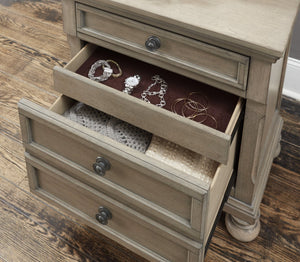 English Elm Transitional Wire-Brushed Gray Birch Veneer Nightstand with Hidden Drawer, Turned Bun Feet, 29.5"H B01146195