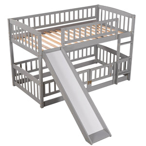 Hearth and Haven Twin over Twin Low Bunk Bed with Fence and Ladder, Grey LT000082AAE