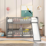 Hearth and Haven Twin over Twin Low Bunk Bed with Fence and Ladder, Grey LT000082AAE