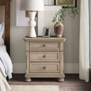 English Elm Transitional Wire-Brushed Gray Birch Veneer Nightstand with Hidden Drawer, Turned Bun Feet, 29.5"H B01146195