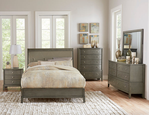 English Elm Transitional Queen Bed with Louvered Headboard in Cool Finish over Birch Veneer, Modern Accent Gray 64.25 L x 37 W x 5.75 H B011S00158