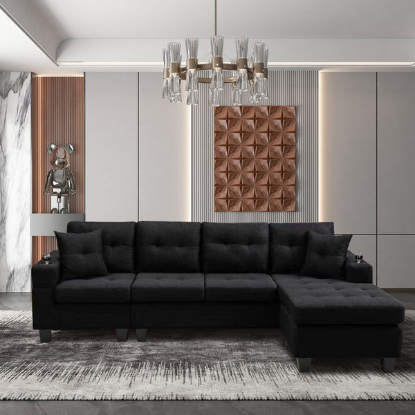 English Elm Mega Sectional Sofa with Chaise Armrest Storage Cup Holders Tufted Living Room W975S00011