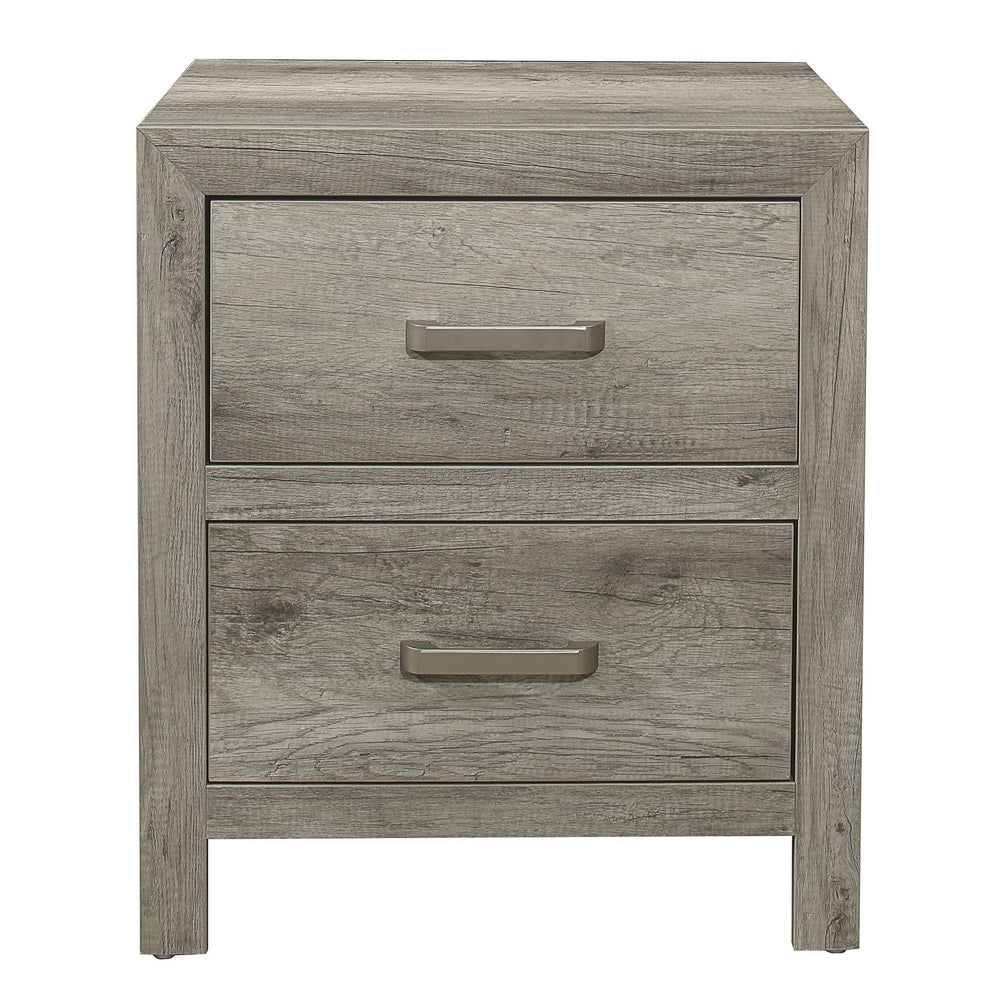 English Elm Transitional Rustic Nightstand with Faux Wood Plank Veneer, Satin Nickel Bar Hardware, Two Drawers Gray 27 L x 20 W x 30.75 H B01146212