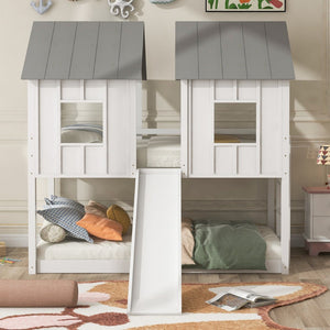 English Elm Twin House Bunk Bed With Slide And Windows – Charming, Space-Saving Design For Imaginative Playtime! SM000920AAK-GIGA