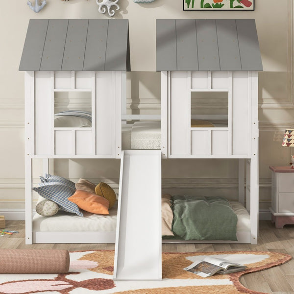 English Elm Twin House Bunk Bed With Slide And Windows – Charming, Space-Saving Design For Imaginative Playtime! SM000920AAK-GIGA