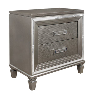 English Elm Elegant Style Silver-Gray Metallic Finish Nightstand Beveled Mirror Trim Dovetail Drawers Wooden Furniture