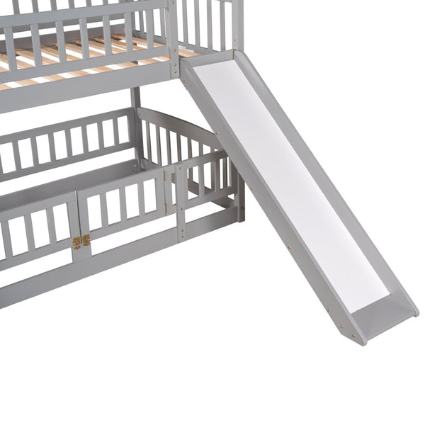 English Elm Bunk Bed Twin Over Pine Frame with Slide Fence and Ladder for Kids Rooms Grey LT000082AAE