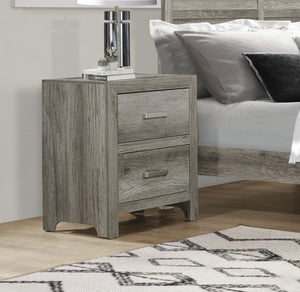 English Elm Transitional Rustic Nightstand with Faux Wood Plank Veneer, Satin Nickel Bar Hardware, Two Drawers Gray 27 L x 20 W x 30.75 H B01146212