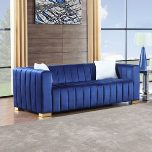 English Elm A Modern Channel Sofa - Luxurious Navy Velvet Chesterfield Style, 3-Seater For Elegant Living Spaces W1099S00082