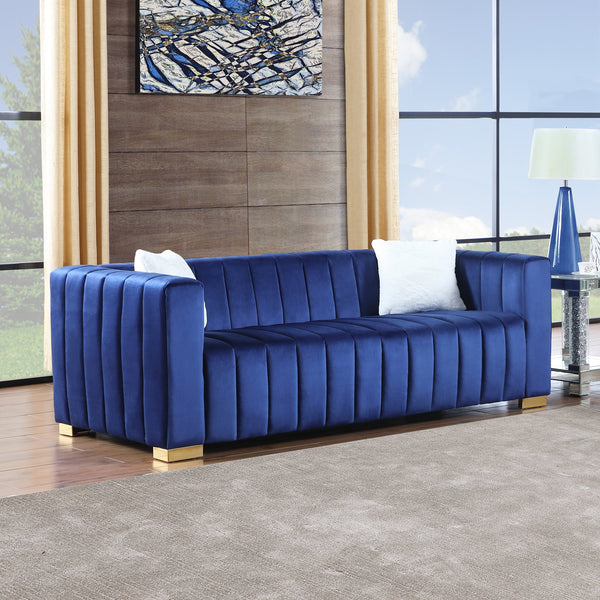 English Elm A Modern Channel Sofa - Luxurious Navy Velvet Chesterfield Style, 3-Seater For Elegant Living Spaces W1099S00082