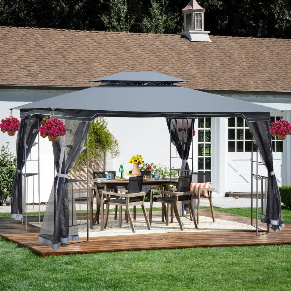 English Elm 13x10 Steel Frame Outdoor Gazebo with Double Roof Ventilation and Mesh Net Panels W41942174