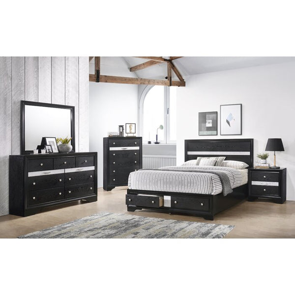 English Elm Traditional Queen Storage Bed in Black Wood Finish with Decorative Headboard and Dual Drawers for Durable Bedroom Organization 808857642004