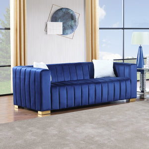 English Elm A Modern Channel Sofa - Luxurious Navy Velvet Chesterfield Style, 3-Seater For Elegant Living Spaces W1099S00082