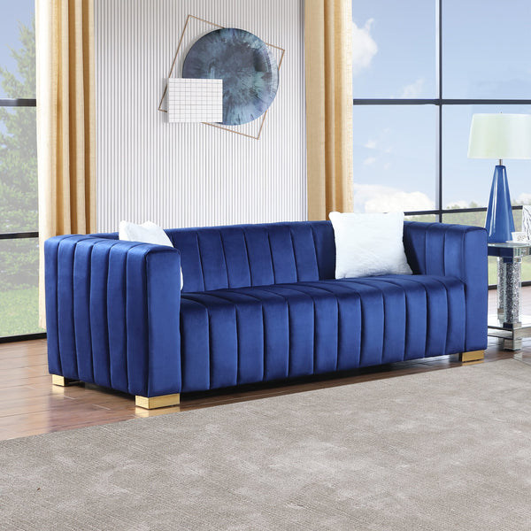 English Elm A Modern Channel Sofa - Luxurious Navy Velvet Chesterfield Style, 3-Seater For Elegant Living Spaces W1099S00082