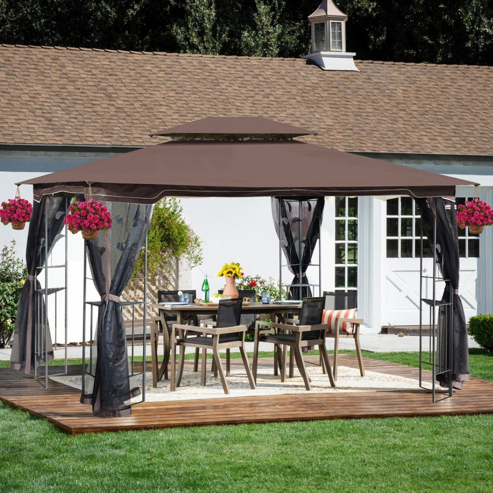 English Elm 13x10 Steel Frame Outdoor Gazebo with Double Roof Ventilation and Mesh Net Panels W41942173